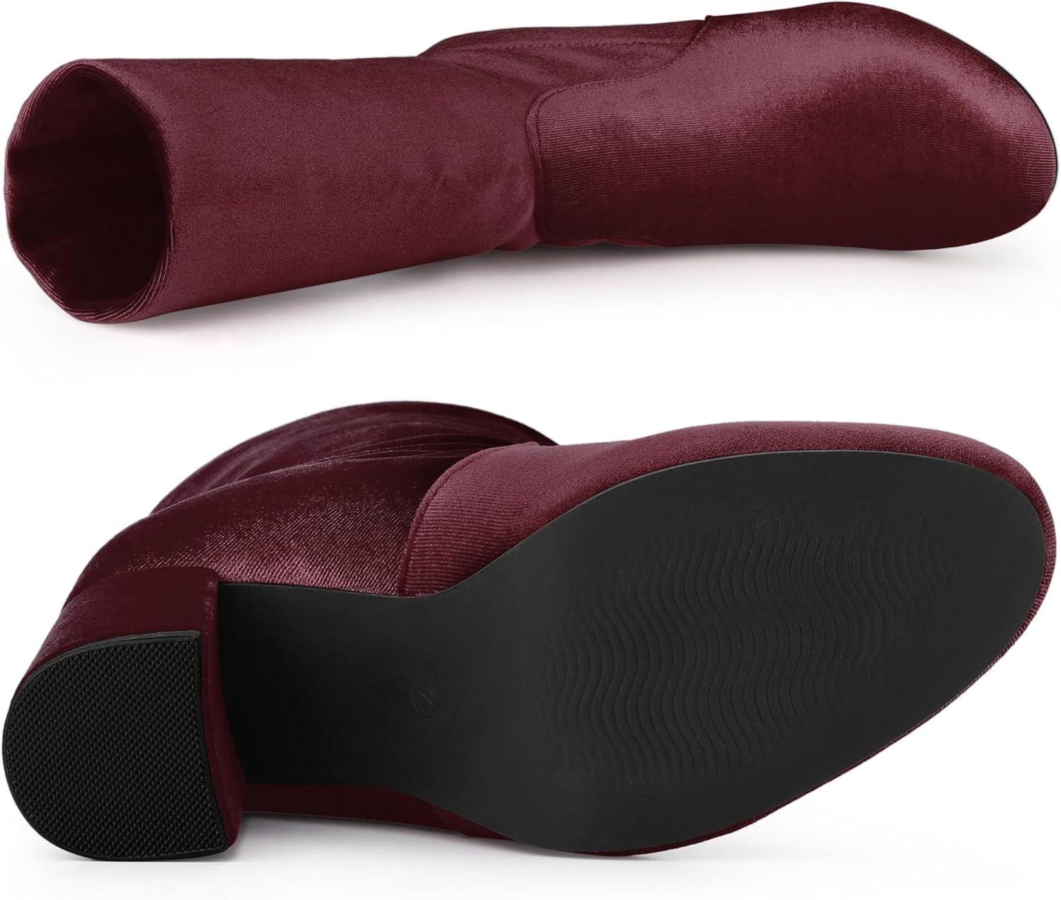 imageAllegra K Womens Velvet Round Toe Block Heels Foldable Mid Calf BootsBurgundy