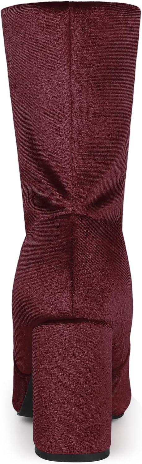 imageAllegra K Womens Velvet Round Toe Block Heels Foldable Mid Calf BootsBurgundy