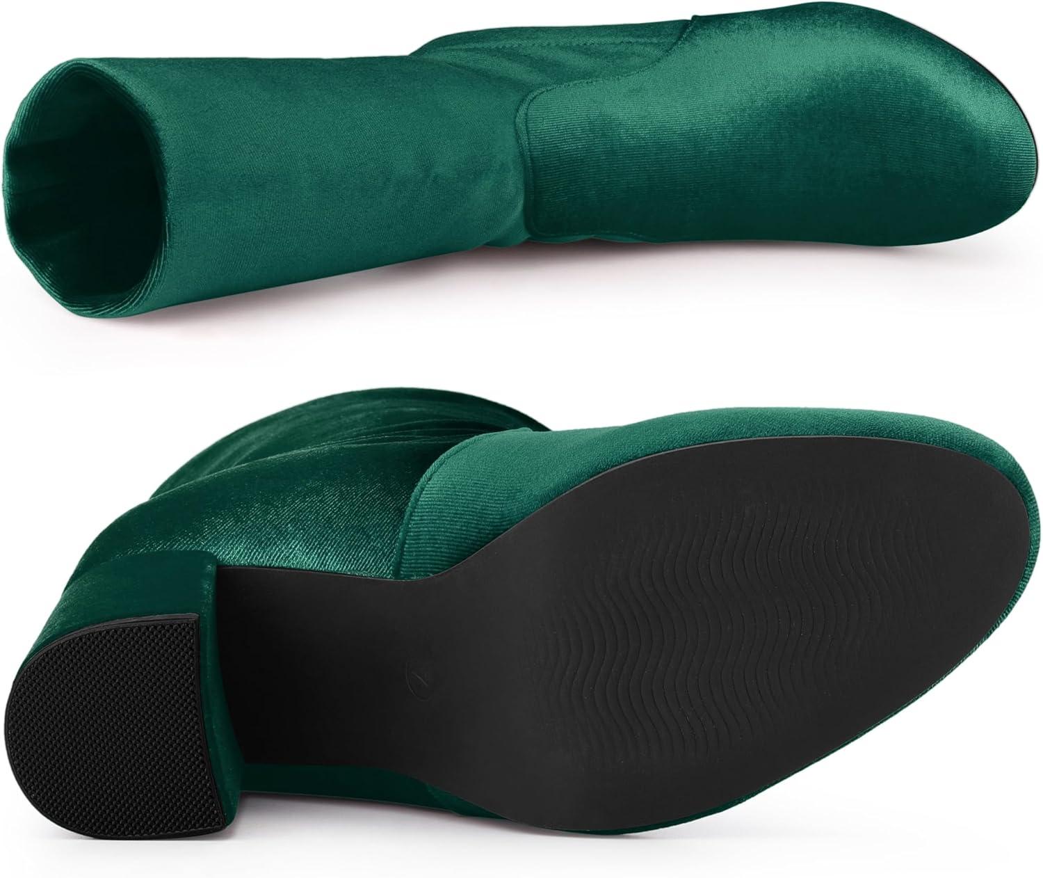 imageAllegra K Womens Velvet Round Toe Block Heels Foldable Mid Calf BootsGreen