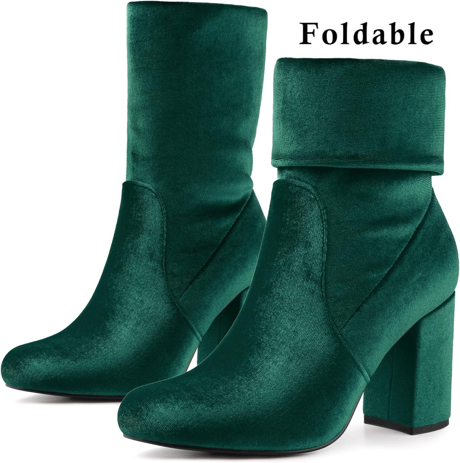 imageAllegra K Womens Velvet Round Toe Block Heels Foldable Mid Calf BootsGreen