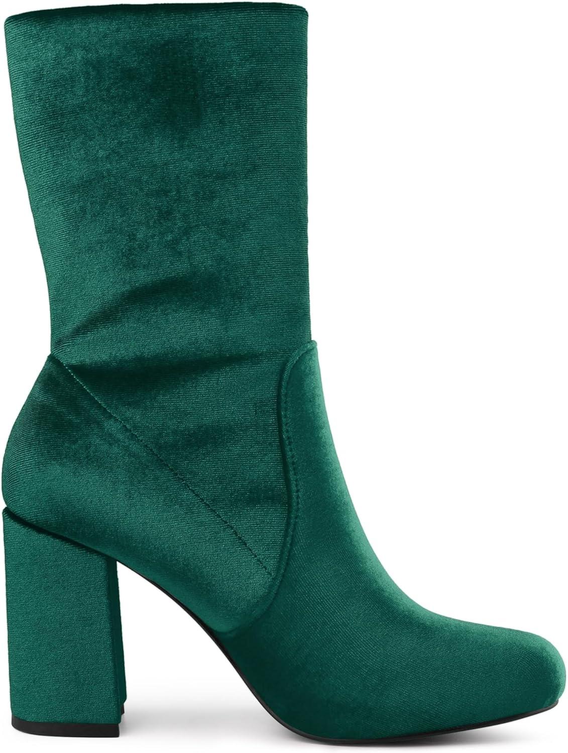 imageAllegra K Womens Velvet Round Toe Block Heels Foldable Mid Calf BootsGreen