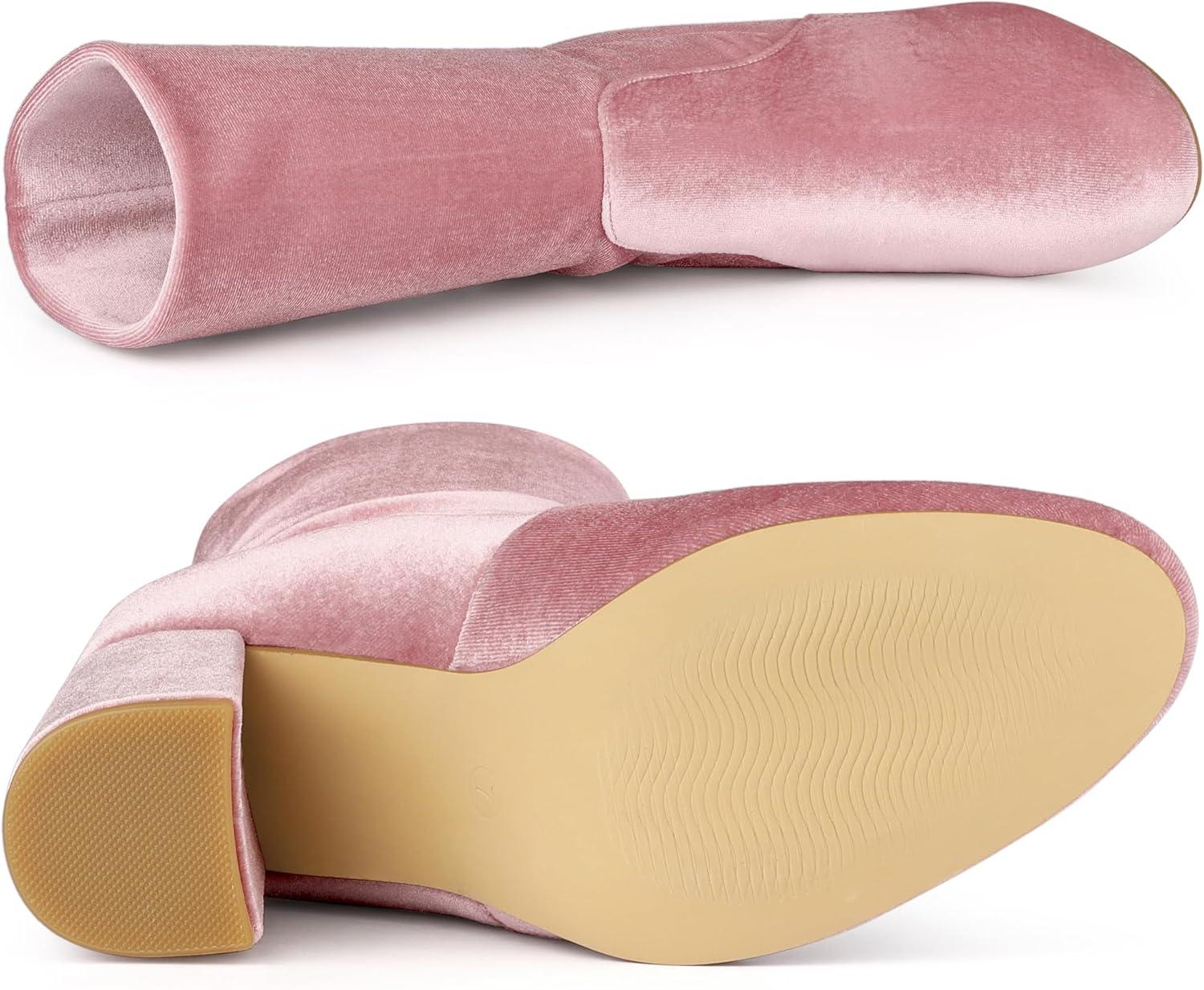 imageAllegra K Womens Velvet Round Toe Block Heels Foldable Mid Calf BootsPink