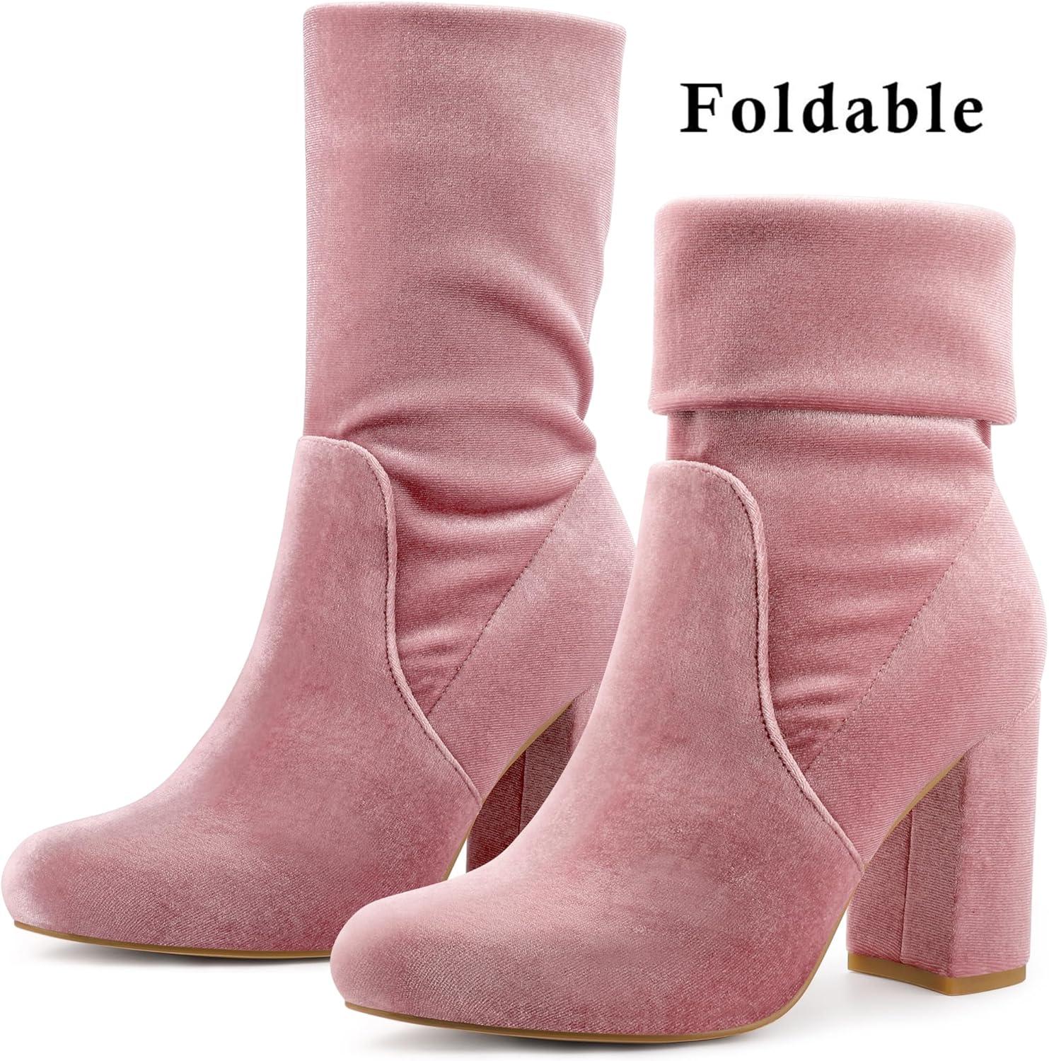 imageAllegra K Womens Velvet Round Toe Block Heels Foldable Mid Calf BootsPink