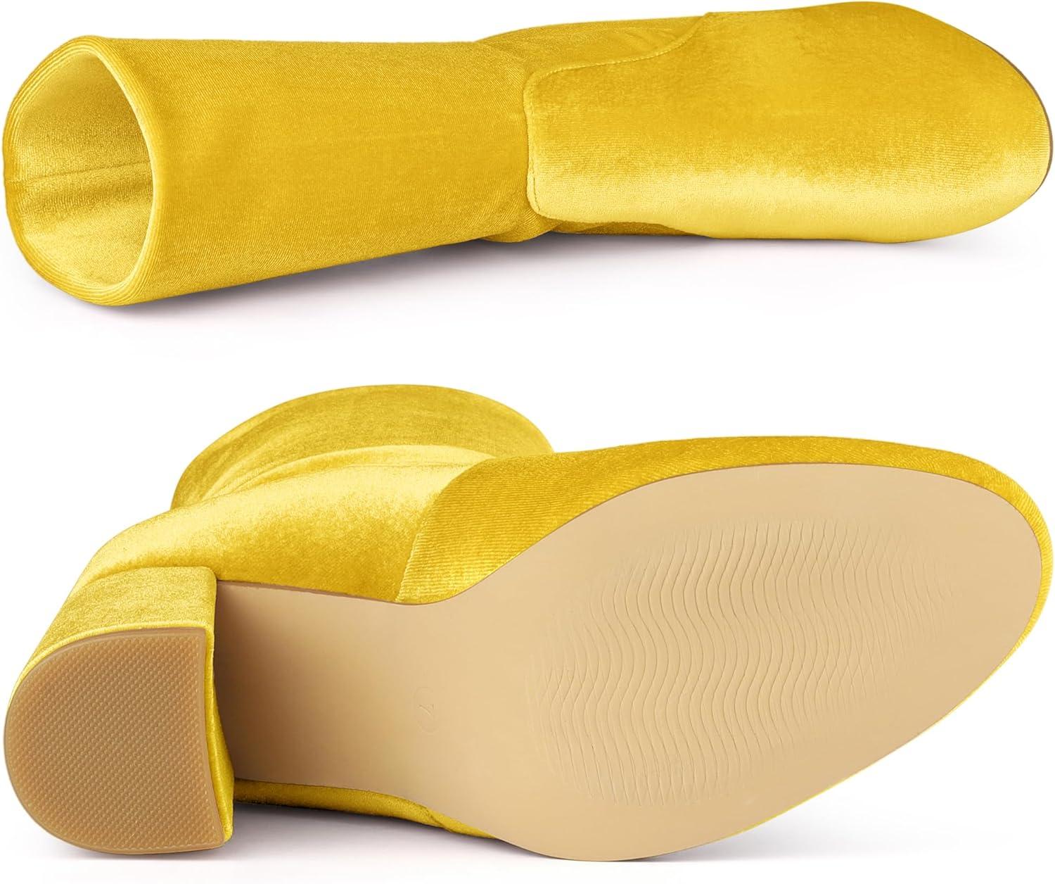 imageAllegra K Womens Velvet Round Toe Block Heels Foldable Mid Calf BootsYellow