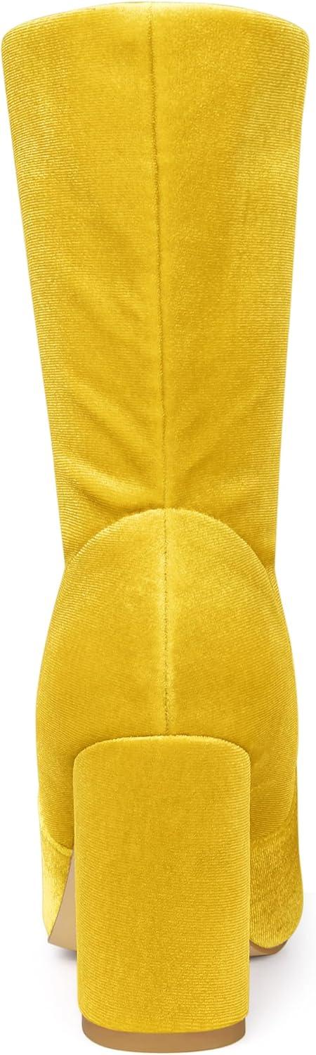 imageAllegra K Womens Velvet Round Toe Block Heels Foldable Mid Calf BootsYellow