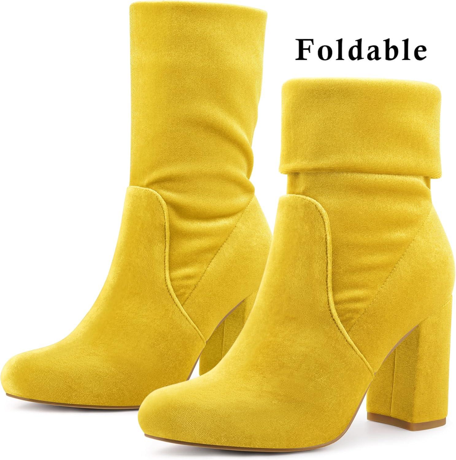 imageAllegra K Womens Velvet Round Toe Block Heels Foldable Mid Calf BootsYellow