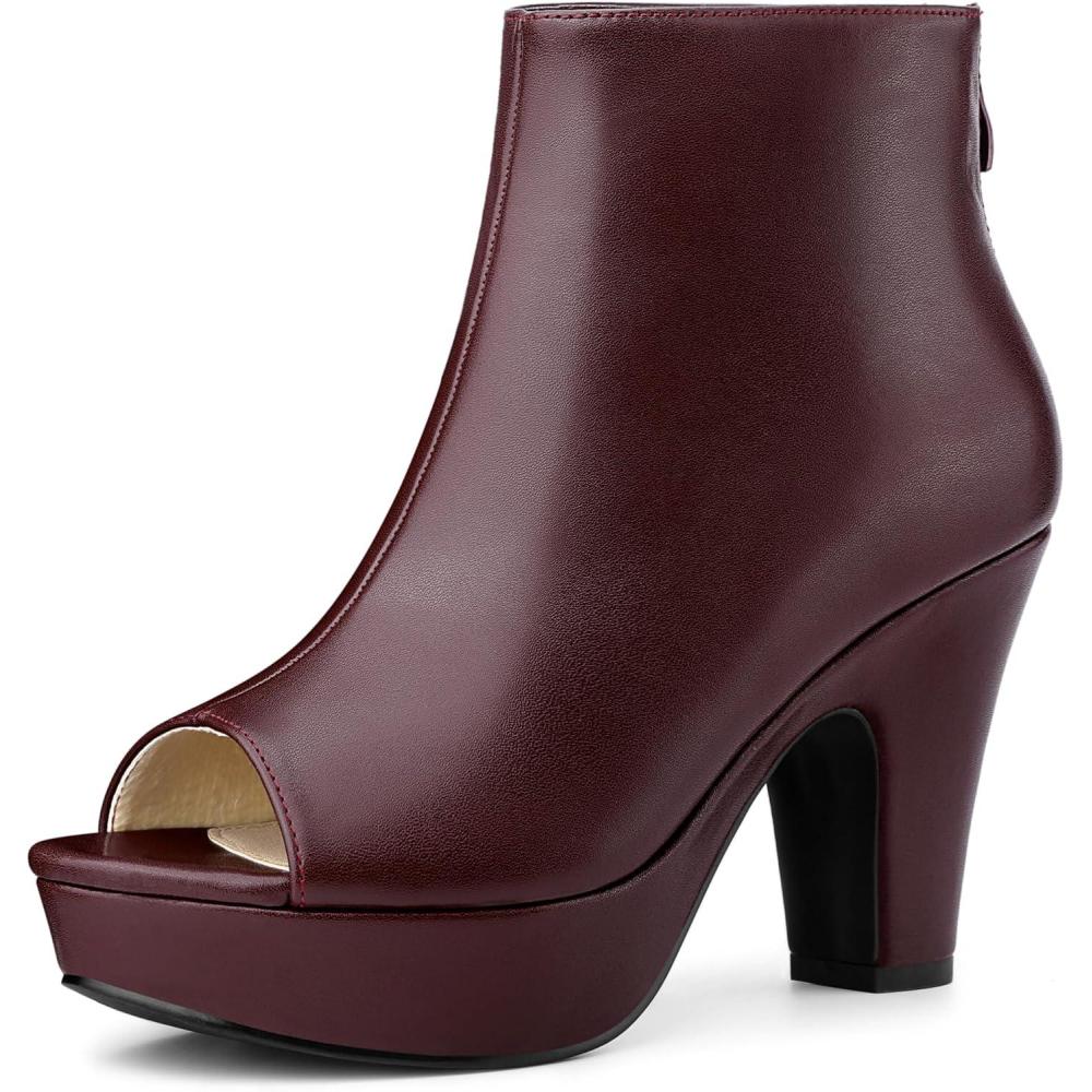 imageAllegra K Peep Toe Ankle Boots for Women Back Zip Chunky Heel Platform BootsBurgundy