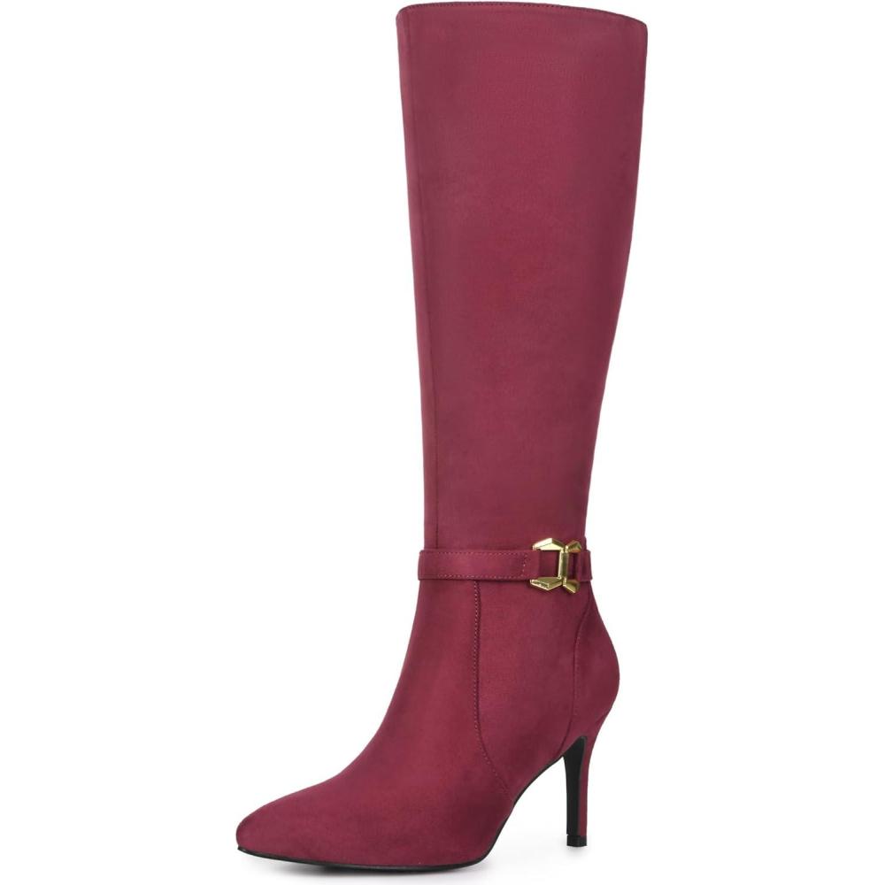 imageAllegra K Womens Buckle Pointed Toe Stiletto Heel Knee High BootsBurgundy