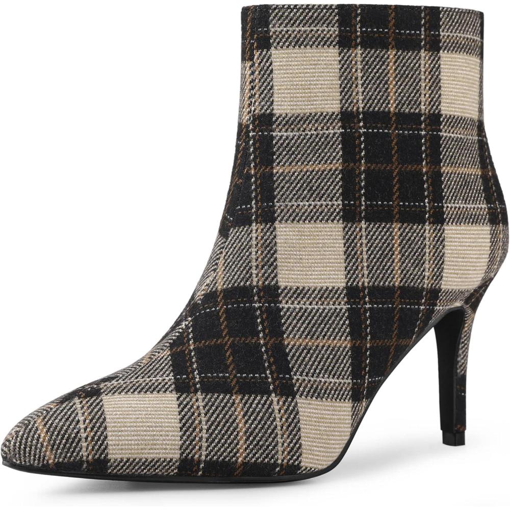 imageAllegra K Womens Plaid Pointed Toe Side Zip Stiletto Heel Ankle BootsBrown