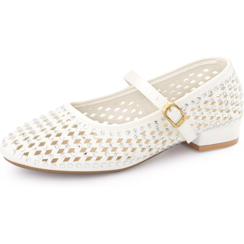 imageAllegra K Womens Rhinestone Round Toe Low Block Heels PumpsCream