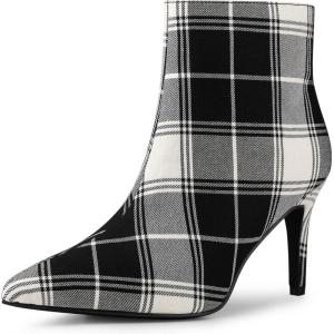 imageAllegra K Womens Plaid Pointed Toe Side Zip Stiletto Heel Ankle BootsBlack White