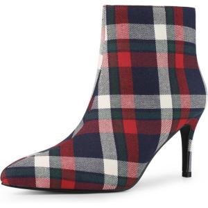 imageAllegra K Womens Plaid Pointed Toe Side Zip Stiletto Heel Ankle BootsBlue White