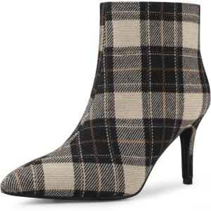 imageAllegra K Womens Plaid Pointed Toe Side Zip Stiletto Heel Ankle BootsBrown