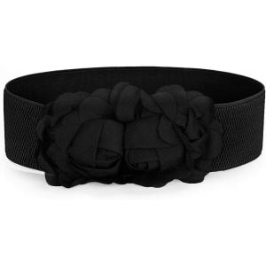 imageuxcell Chiffon Flowers Press Stud Button Elastic Textured Band Waist Belt for LadiesBlack