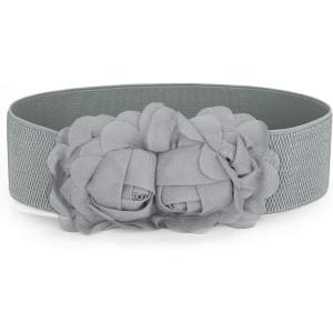 imageuxcell Chiffon Flowers Press Stud Button Elastic Textured Band Waist Belt for LadiesGray