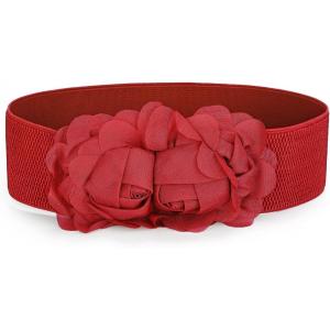 imageuxcell Chiffon Flowers Press Stud Button Elastic Textured Band Waist Belt for LadiesRed