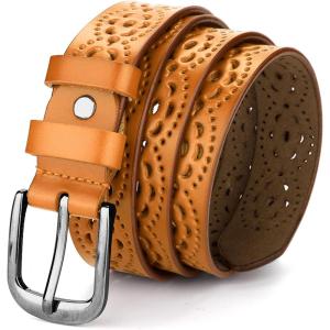 imageuxcell Hollow Floral Retro Vintage Faux Leather Belt With Buckle for WomenBrown