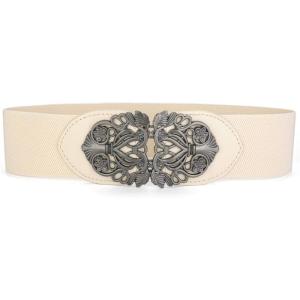 imageuxcell Wide Elastic Vintage High Stretchy Retro Waist Belt with Buckle for WomenBeige