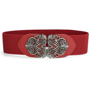 imageuxcell Wide Elastic Vintage High Stretchy Retro Waist Belt with Buckle for WomenRed