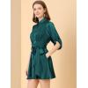 imageAllegra K Womens Elegant Satin Dresses Pleated Waist ALine Belted Puff Sleeve Shirt DressDark Green