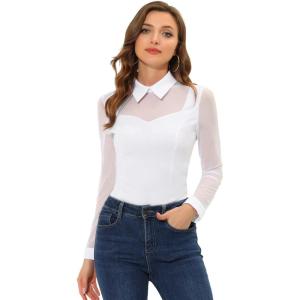 imageAllegra K Mesh Insert Tops for Womens Long Sleeves Point Collar Work Blouse