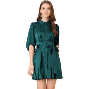 imageAllegra K Womens Elegant Satin Dresses Pleated Waist ALine Belted Puff Sleeve Shirt DressDark Green