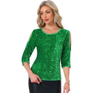 imageAllegra K Sparkle Sequin Velvet Tops for Womens Cut Out Half Sleeve Party Club Holiday BlouseGreen