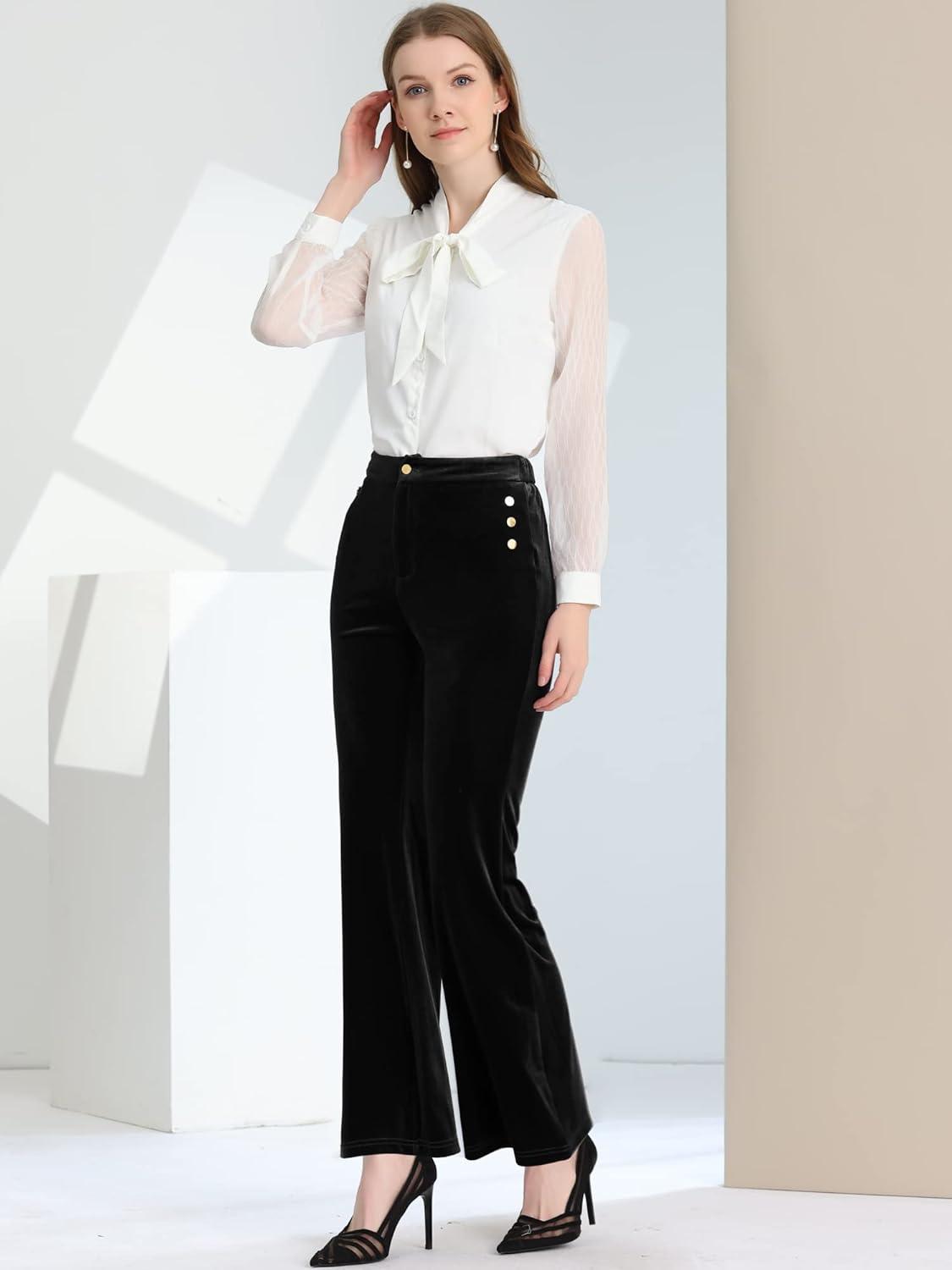 imageAllegra K Womens Velvet Pants Botton Decor High Waist Wide Flare Leg Pants