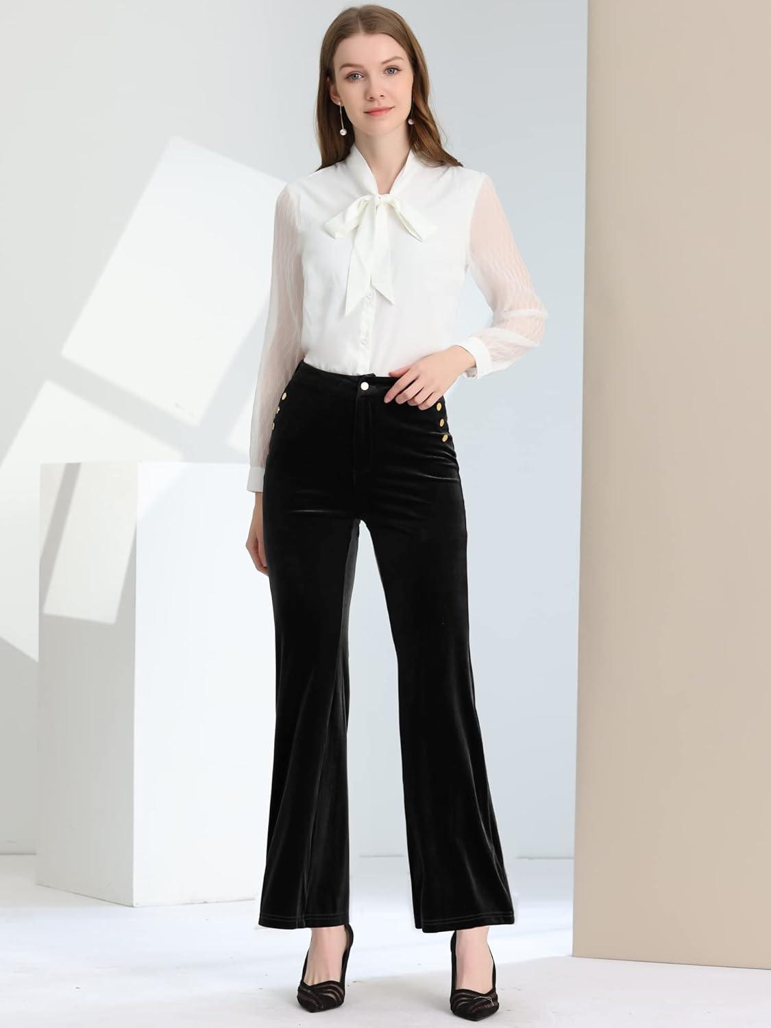 imageAllegra K Womens Velvet Pants Botton Decor High Waist Wide Flare Leg Pants