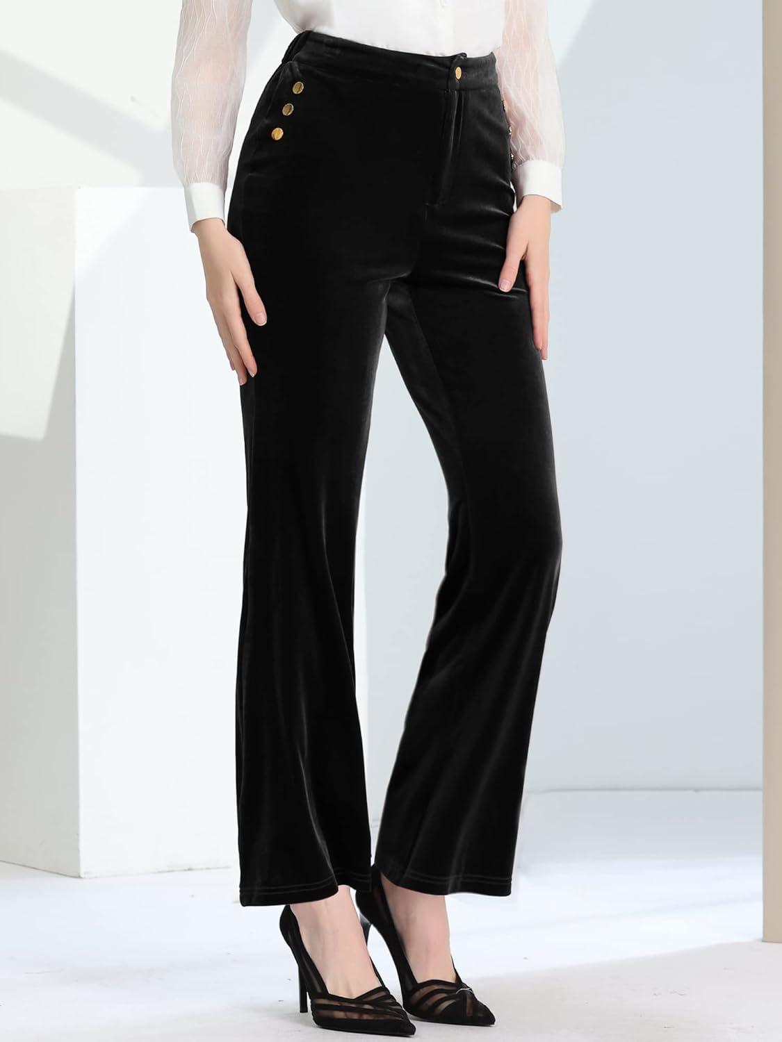 imageAllegra K Womens Velvet Pants Botton Decor High Waist Wide Flare Leg Pants