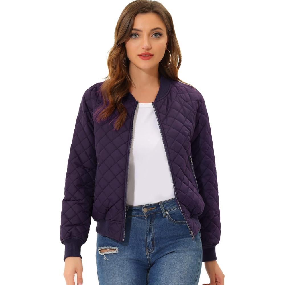 imageAllegra K Womens Quilted Zip Up Raglan Long Sleeve Bomber JacketDark Purple