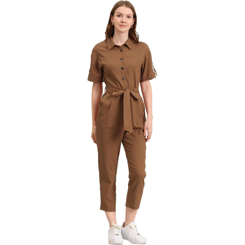 imageAllegra K Womens Short Sleeve Collared Cropped Coverall Button Down Tie Waist Cotton Cargo JumpsuitBrown