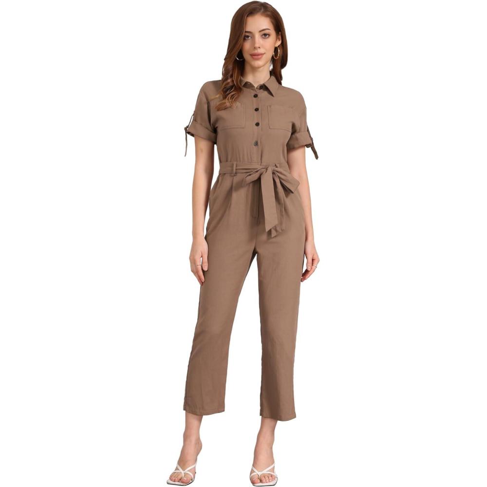 imageAllegra K Womens Short Sleeve Collared Cropped Coverall Button Down Tie Waist Cotton Cargo JumpsuitCoffee