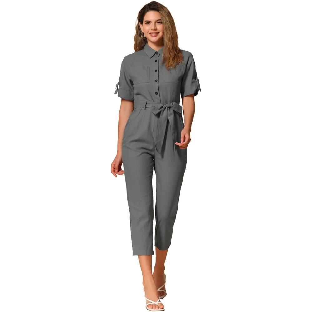 imageAllegra K Womens Short Sleeve Collared Cropped Coverall Button Down Tie Waist Cotton Cargo JumpsuitDark Gray