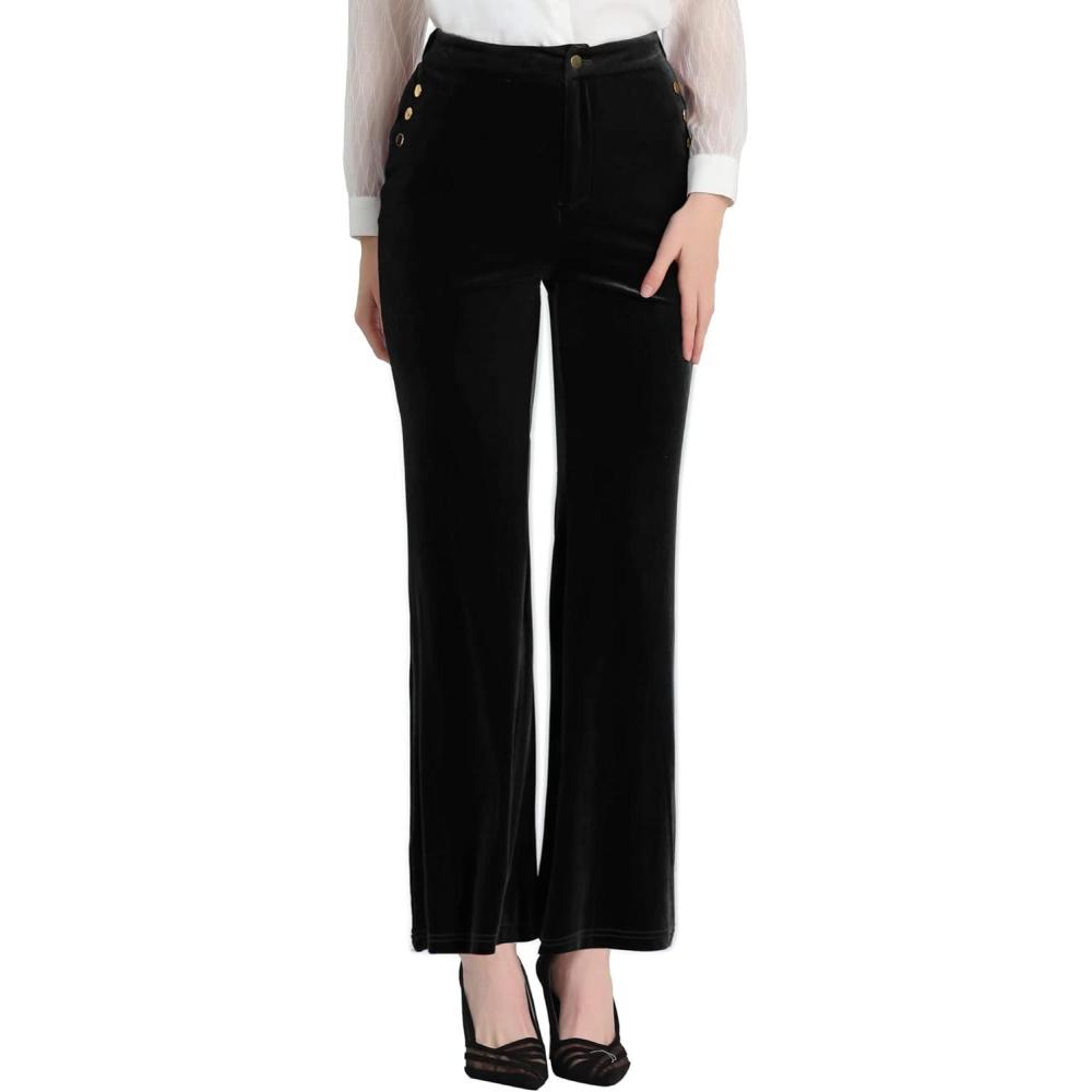 imageAllegra K Womens Velvet Pants Botton Decor High Waist Wide Flare Leg Pants
