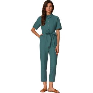 imageAllegra K Womens Short Sleeve Collared Cropped Coverall Button Down Tie Waist Cotton Cargo JumpsuitBlue Green