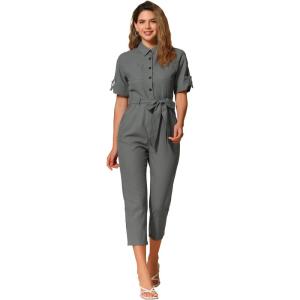 imageAllegra K Womens Short Sleeve Collared Cropped Coverall Button Down Tie Waist Cotton Cargo JumpsuitDark Gray