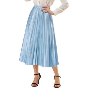imageAllegra K Women Pleated Skirt Midi Length Elastic High Waisted A Line Metallic Shirring Party SkirtsBlue