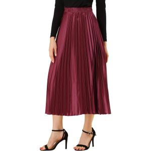 imageAllegra K Women Pleated Skirt Midi Length Elastic High Waisted A Line Metallic Shirring Party SkirtsBurgundy