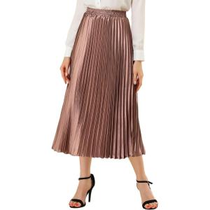 imageAllegra K Women Pleated Skirt Midi Length Elastic High Waisted A Line Metallic Shirring Party SkirtsCopper