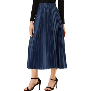 imageAllegra K Women Pleated Skirt Midi Length Elastic High Waisted A Line Metallic Shirring Party SkirtsDark Blue