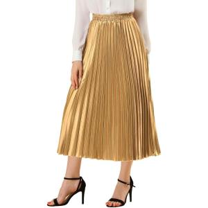 imageAllegra K Women Pleated Skirt Midi Length Elastic High Waisted A Line Metallic Shirring Party SkirtsGold