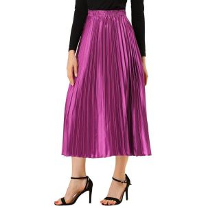 imageAllegra K Women Pleated Skirt Midi Length Elastic High Waisted A Line Metallic Shirring Party SkirtsMauve