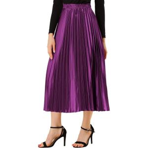 imageAllegra K Women Pleated Skirt Midi Length Elastic High Waisted A Line Metallic Shirring Party SkirtsPurple