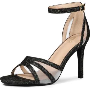 imageAllegra K Womens Glitter Ankle Strap Chunky Heels SandalsBlack