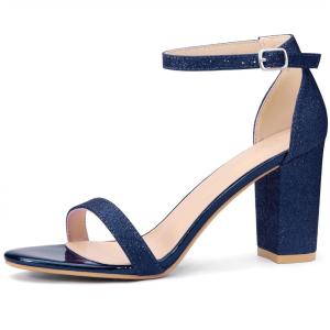 imageAllegra K Womens Glitter Ankle Strap Chunky Heels SandalsNavy Blue