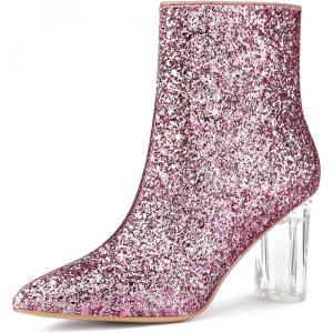 imageAllegra K Womens Glitter Pointed Toe Chunky Heel Ankle BootsPink