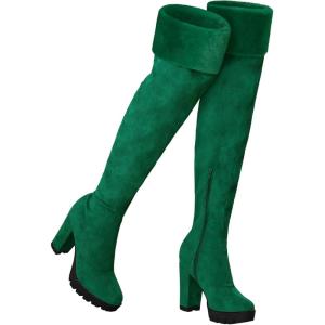 imageAllegra K Womens Platform Faux Fur Zipper Chunky Heel Over Knee Thigh High BootsEmerald Green
