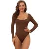 imageAllegra K Womens Long Sleeve Bodysuit Shapewear Slim Fit Stretchy Square Neck Leotard Jumpsuit TopsLight Brown