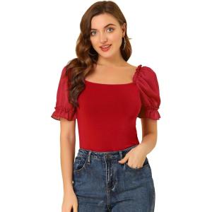 imageAllegra K Womens 2023 Elegant Square Neck Tops Semi Sheer Puff Sleeve Blouse